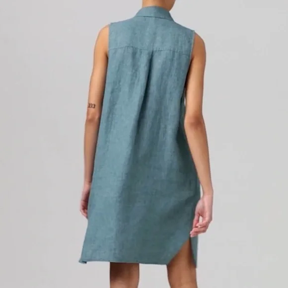 EILEEN FISHER Sleeveless Button Front Shirtdress Washed Organic Linen Blue SZ PL